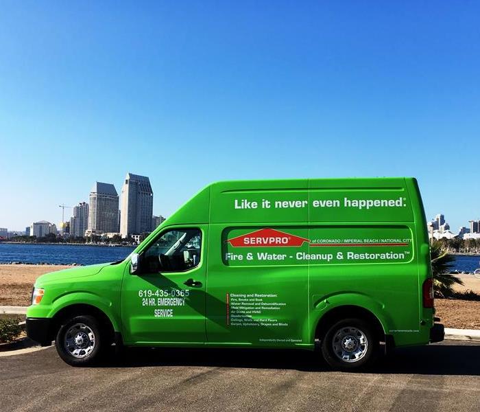 Van in front of skyline 